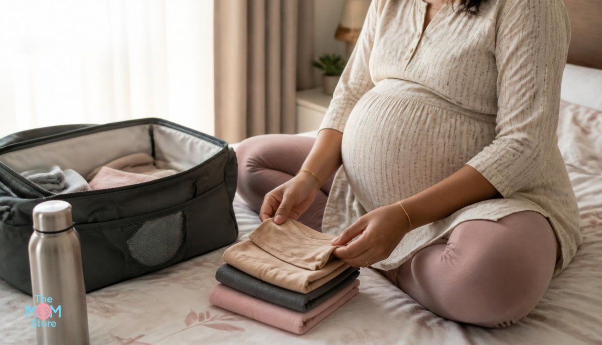Pregnant woman folding beige, grey and pink cotton maternity panties on a bed beside a packed hospital bag
