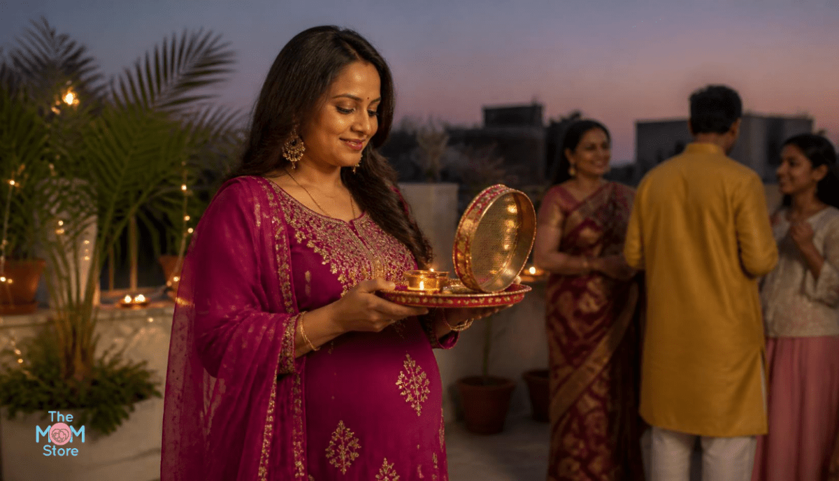 Pregnant woman in a magenta maternity kurta set holding a Karwa Chauth thali on a terrace at dusk