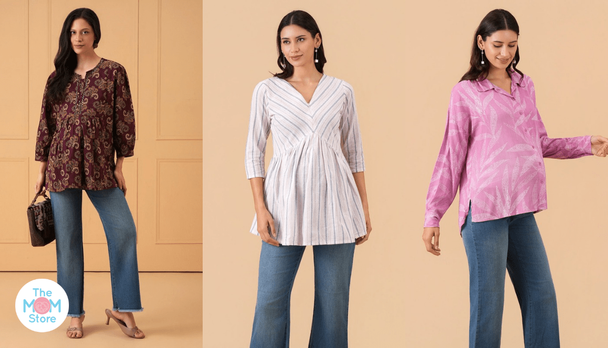 Three maternity and nursing tops from The Mom Store with zip and button openings