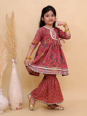 Aangan Aabha Block Print Girls Anarkali Sharara Set