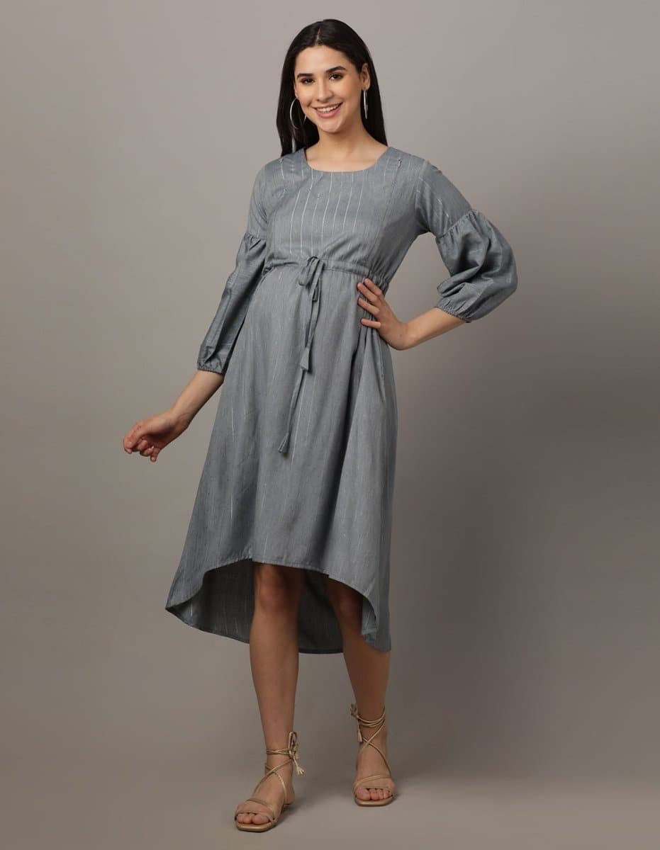 Arona Grey Shimmer Stripes Maternity and Nursing Dress - DRS-GYSHR-S