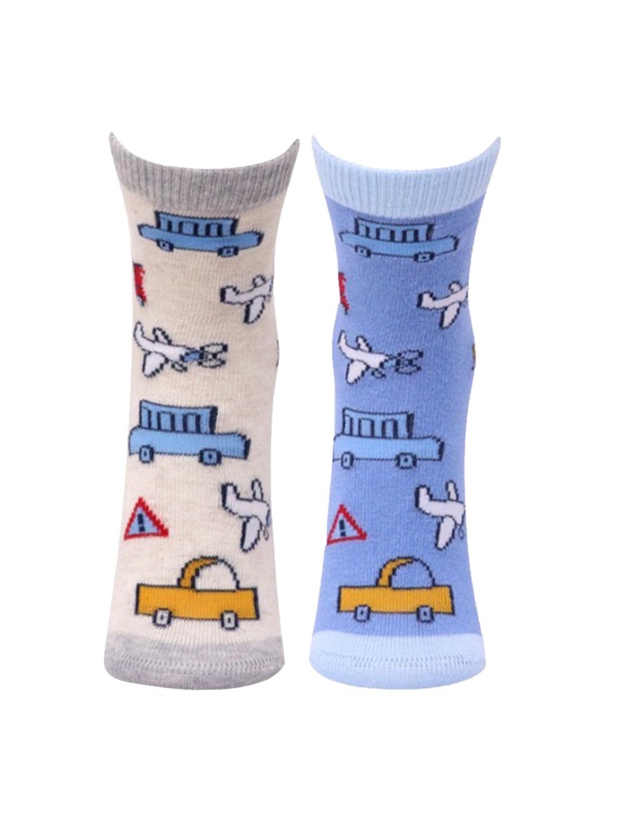 Combo Of 2 Kids Ankle Length Socks:Fly High:Ecru,Blue - SOC2-AF-FHEB-1-2