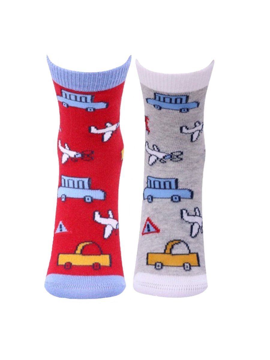 Combo Of 2 Kids Ankle Length Socks::Fly High:Red,Grey - SOC2-AF-FHRG-1-2