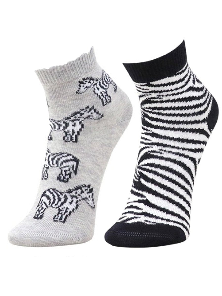 Combo Of 2 Kids Ankle Length Socks:Zebra:Grey, Black - SOC2-AF-ZBGB-6-12