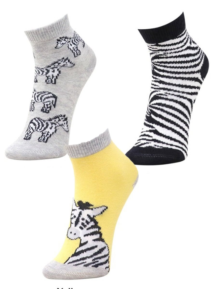 Combo Of 3 Kids Ankle Length Socks:Zebra:Grey, Black,Yellow - SOC3-AF-ZGBY-6-12