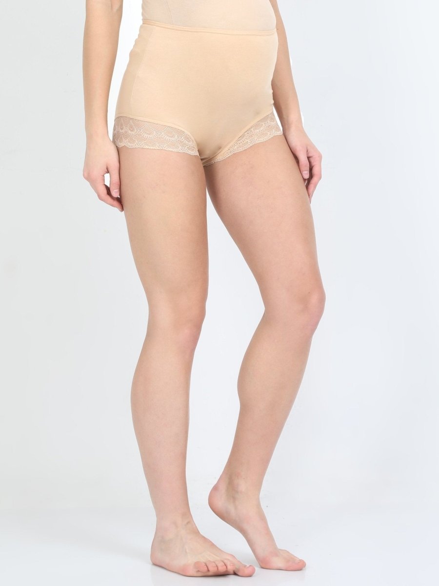 Combo of Beige Maternity Over belly High Waist Lace Panty and Maternity Nursing Sleep Bra - LNGR2-BGE-LPSB-S