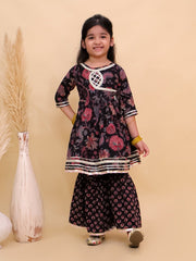 Kaali Katha Block Print Girls Anarkali Sharara Set