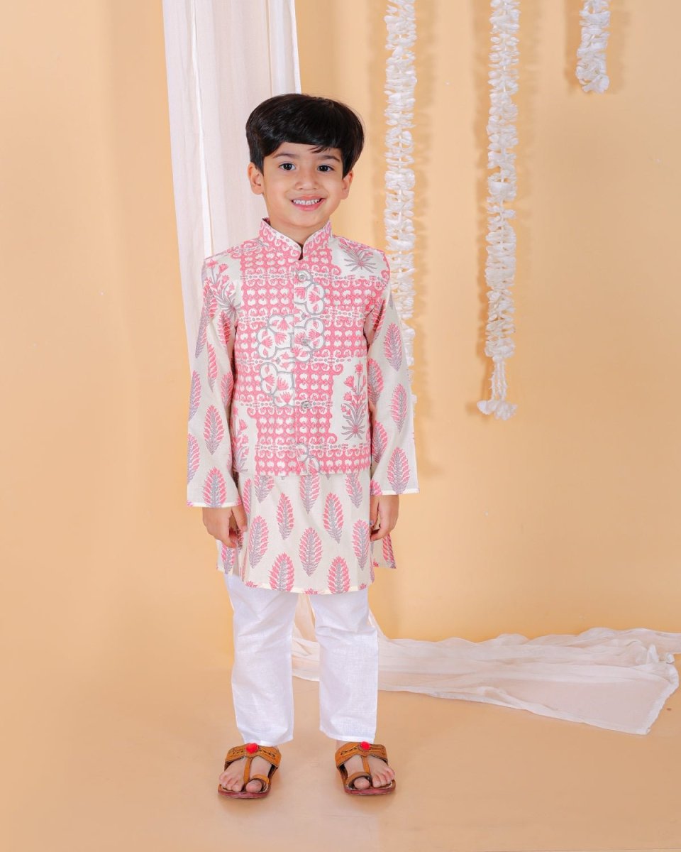 Kids Ethnic Set-Gulaal Floral Print Girls Anarkali Kurta Set With Boys Jacket Kurta Pajama Set - KES2-GFRGB