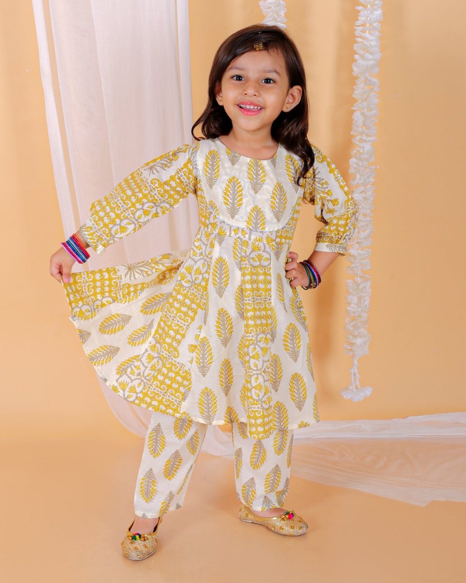 Kids Ethnic Set-Madhupeela Floral Print Girls Anarkali Kurta Set With Boys Jacket Kurta Pajama Set - KES2-MDPLGB