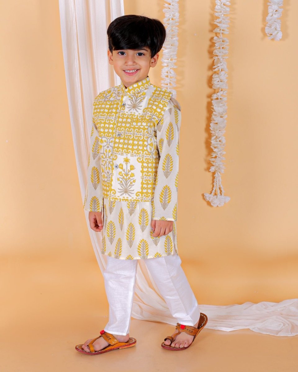 Kids Ethnic Set-Madhupeela Floral Print Girls Anarkali Kurta Set With Boys Jacket Kurta Pajama Set - KES2-MDPLGB