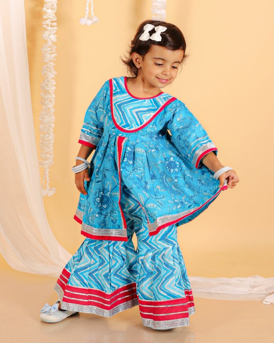Kids Ethnic Set- Ocean Blue Girls Anarkali Sharara Set with Boys Kurta Pajama Set - KES2-OBTBG