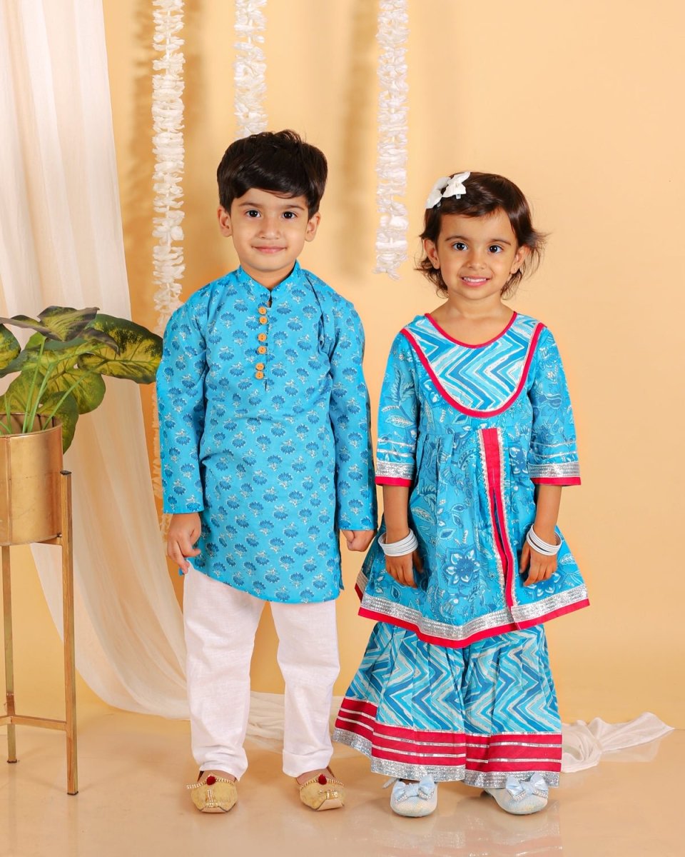 Kids Ethnic Set- Ocean Blue Girls Anarkali Sharara Set with Boys Kurta Pajama Set - KES2-OBTBG