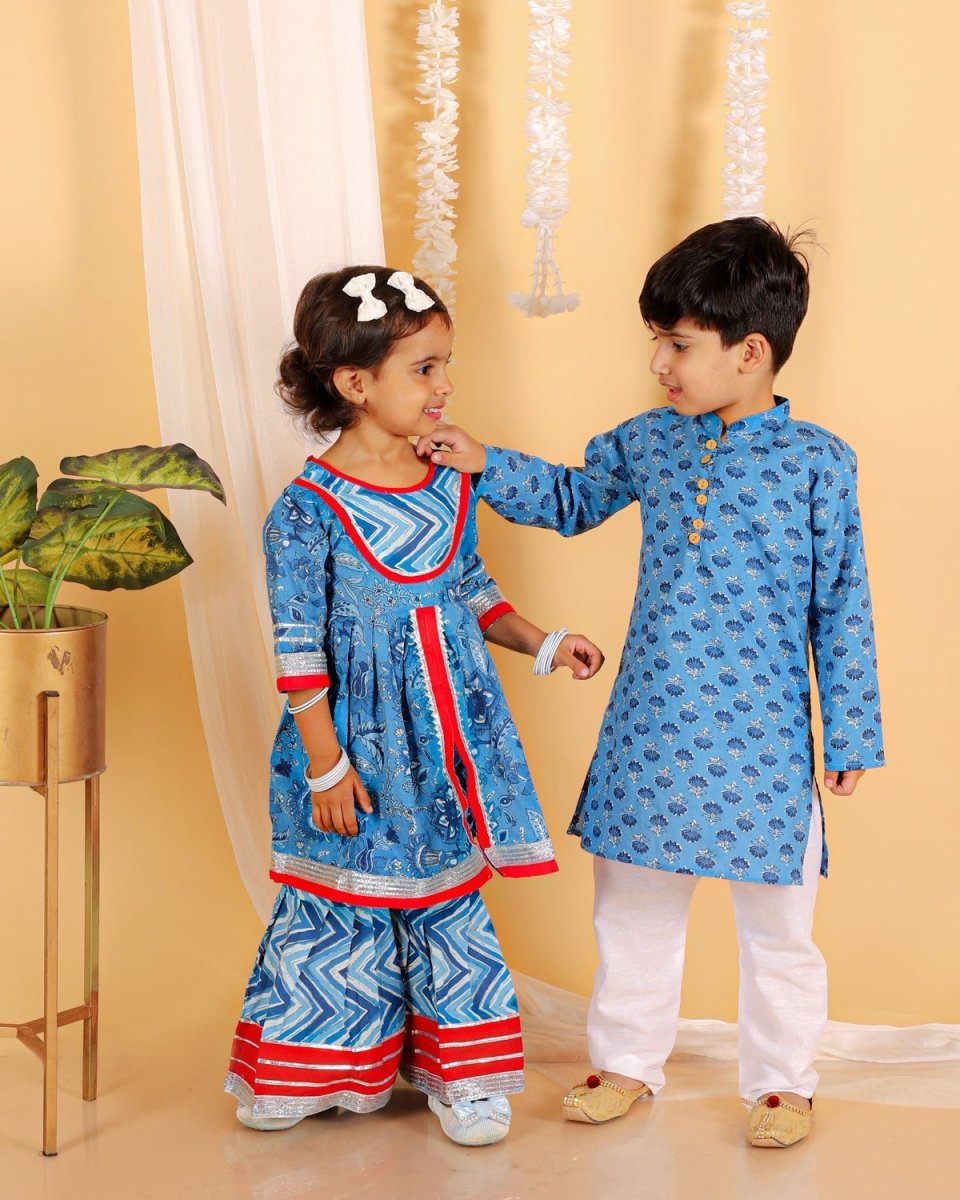 Kids Ethnic Set- True Blue Girls Anarkali Sharara Set with Boys Kurta Pajama Set - KES2-TROBG