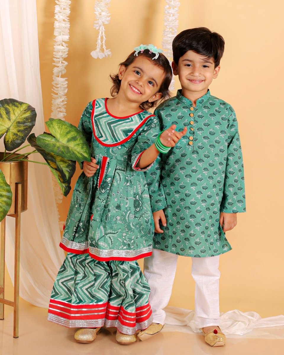 Kids Ethnic Set- Viridian Green Girls Anarkali Sharara Set with Boys Kurta Pajama Set - KES2-VGDRG