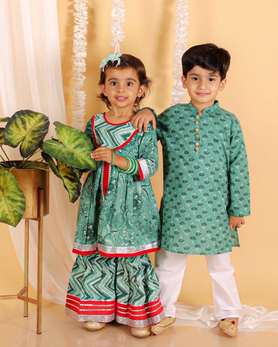 Kids Ethnic Set- Viridian Green Girls Anarkali Sharara Set with Boys Kurta Pajama Set - KES2-VGDRG
