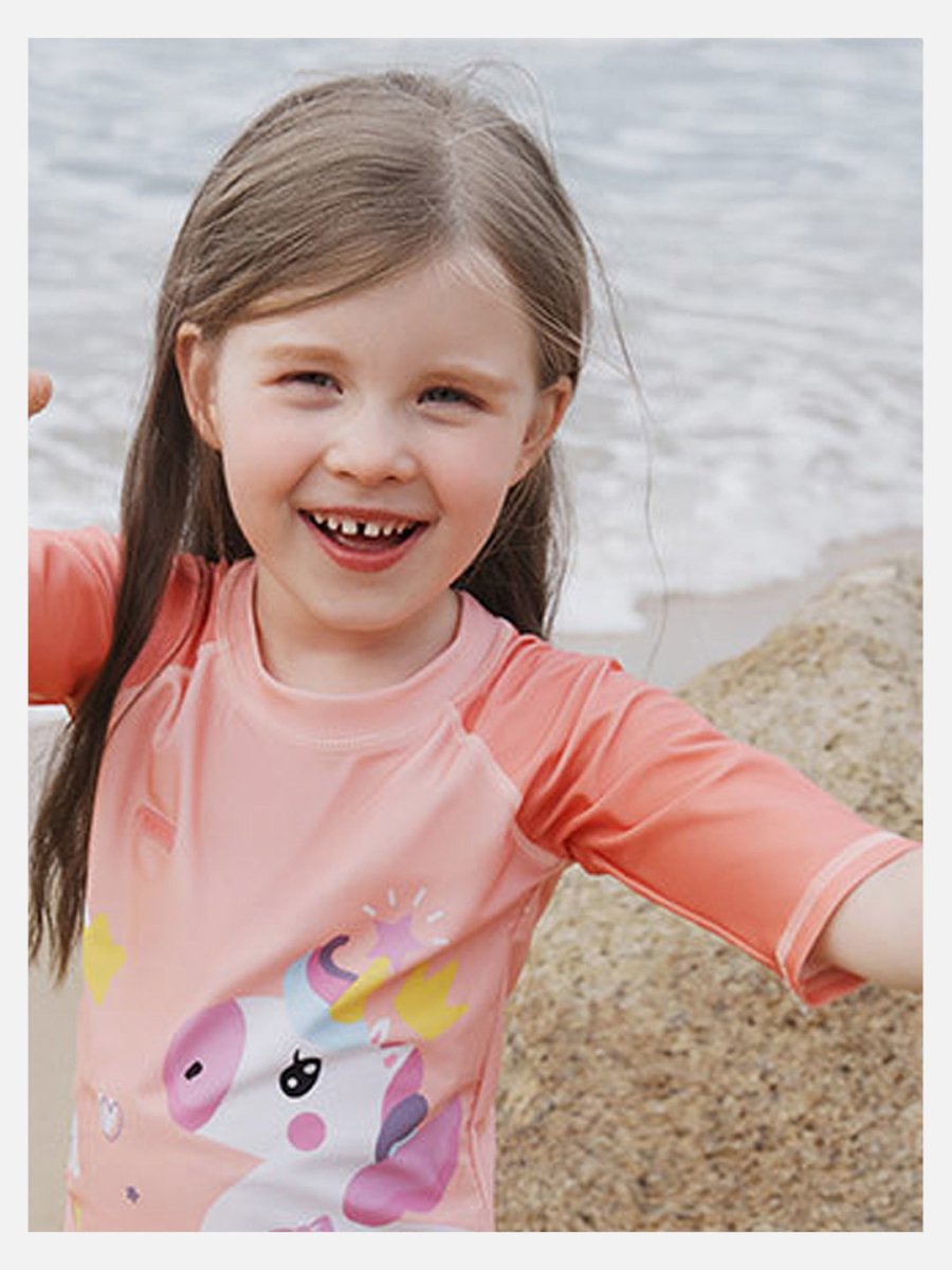 Little Surprise Box 3d Tail Peach Unicorn Swimwear for Toddlers & Kids with UPF 50+(110) - LSB-SW-KK3DUNI110