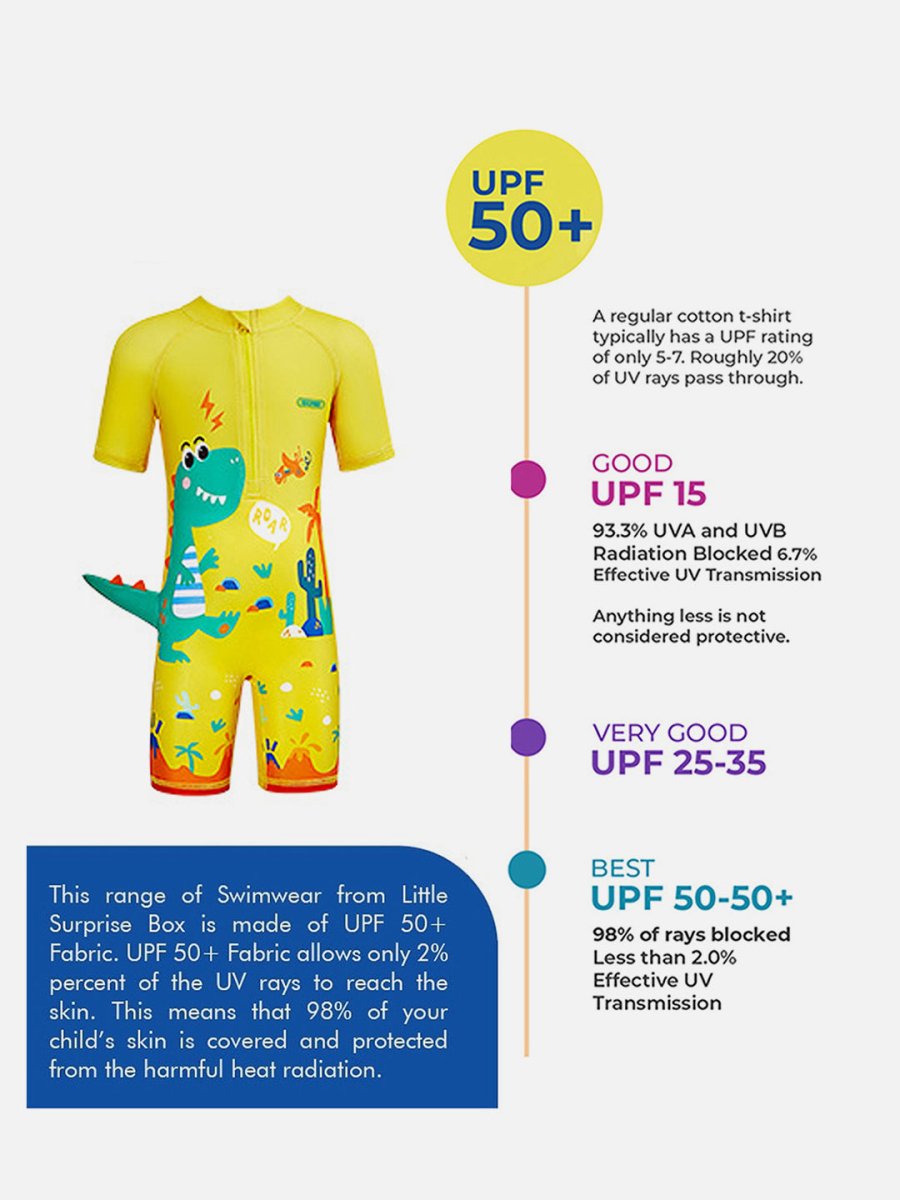 Little Surprise Box 3d Tail Yellow Volcano Dino Print Swimwear for Kids & Toddlers with UPF 50+ - LSB-SW-KK3DVOLDINO120