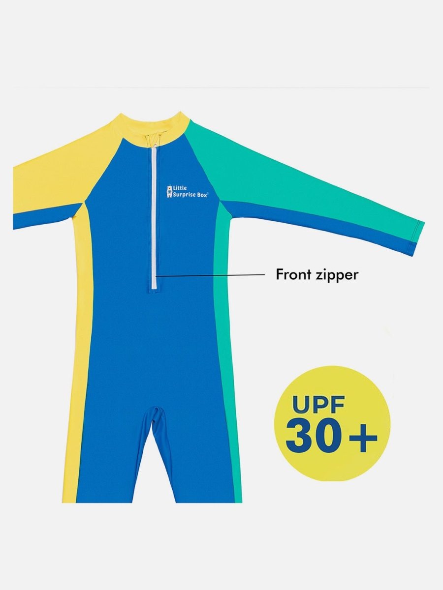 Little Surprise Box, Blue Tri Color Super Sport Swimwear for Toddlers & Kids with UPF 30+(130) - LSB-SW-LSBTRIBLU130