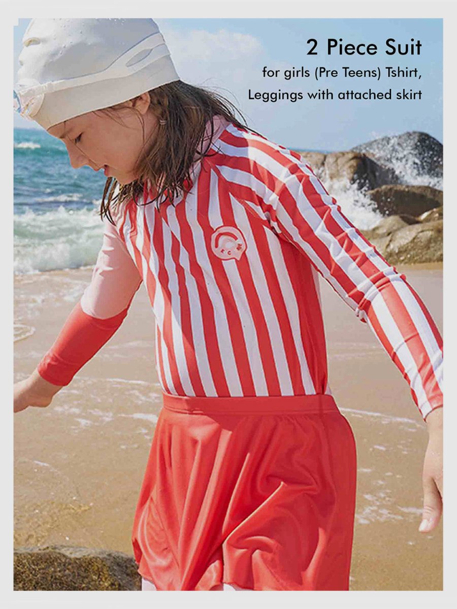 Little Surprise Box Coral Stripes 2pcs Full Length Swimsuit for Girls with UPF 50+ - LSB-SW-2PKKCORALSTRIPES130
