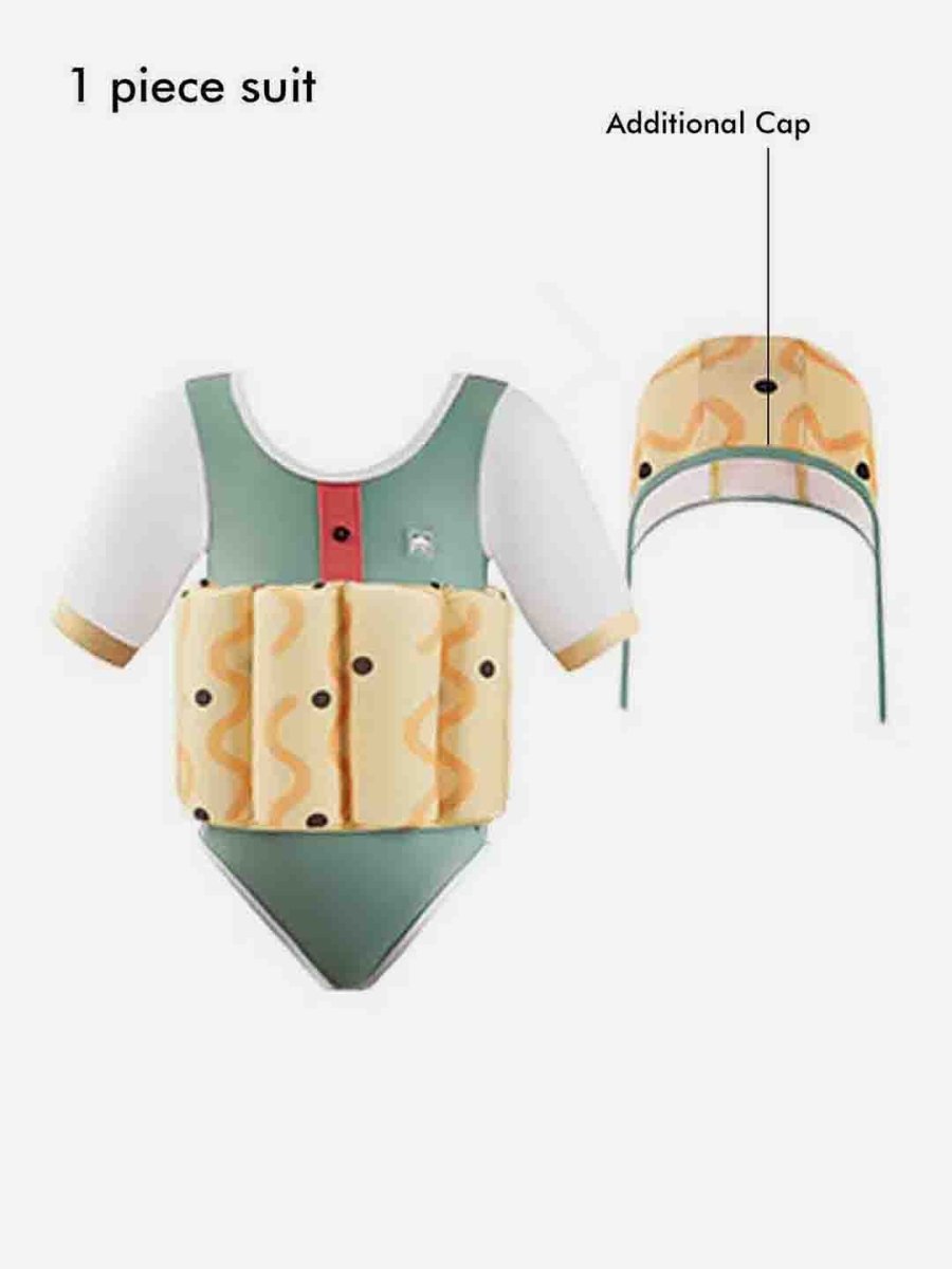 Little Surprise Box Olive & Yellow Curves Print Kids Swimsuit with attached Swim Floats +tie up cap in UPF 50+ - LSB-SW-OLVYELWFLOAT110