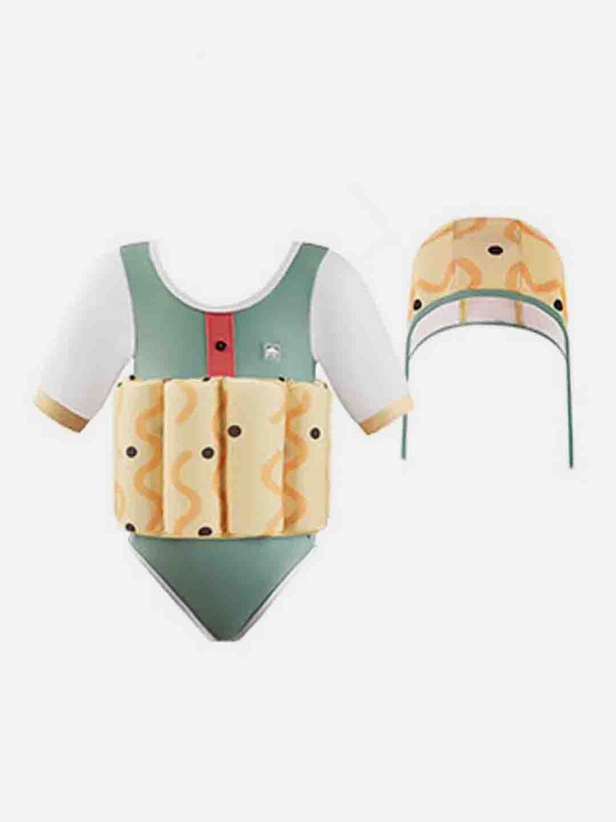 Little Surprise Box Olive & Yellow Curves Print Kids Swimsuit with attached Swim Floats +tie up cap in UPF 50+ - LSB-SW-OLVYELWFLOAT110