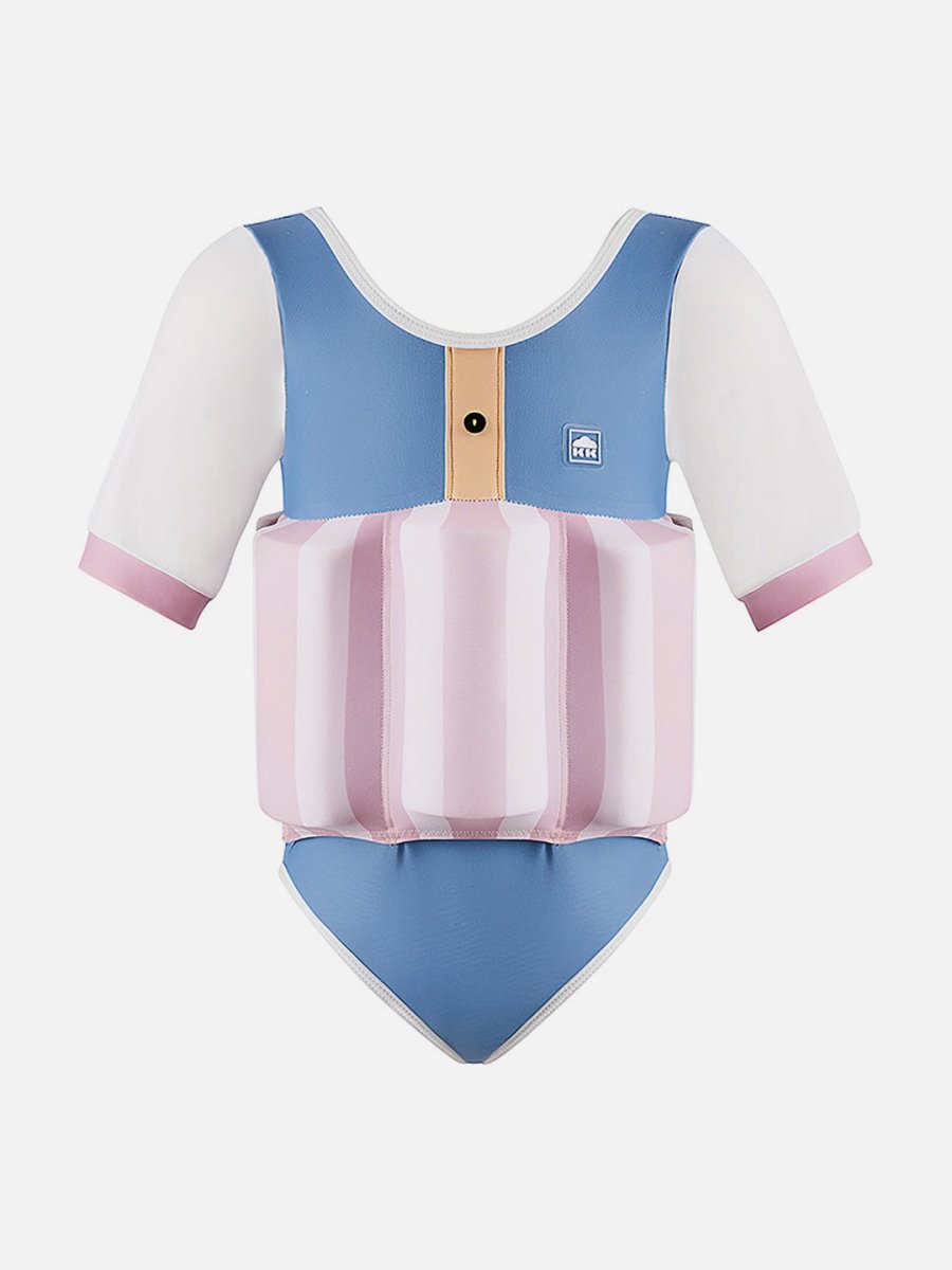 Little Surprise Box Powder Blue & Pink Stripes Kids Swimsuit with attached Swim Floats +tie up cap in UPF 50+ - LSB-SW-BLUPNKSTRPFLOAT110
