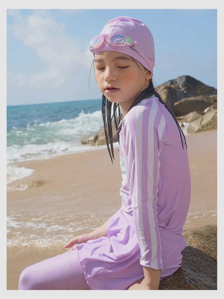 Little Surprise Box Purple & Mint Green Stripes 2pcs Full Length Swimsuit for Girls with UPF 50+ - LSB-SW-2PKKPURMINTSTRIPES130