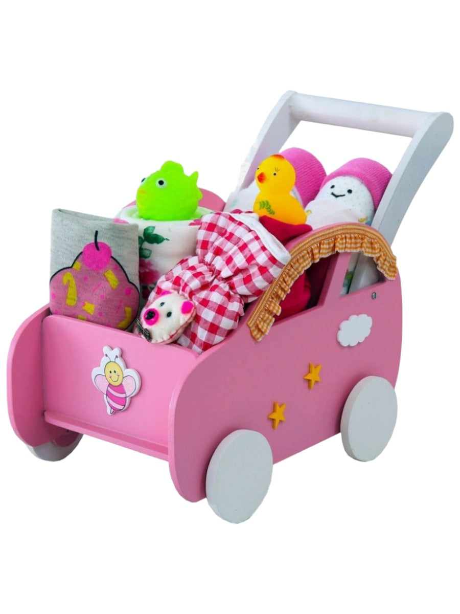 Little Surprise Box to 12 months Baby Girl Gift Toy Wooden Pram Hamper - LSB-NBH-PRMPNK