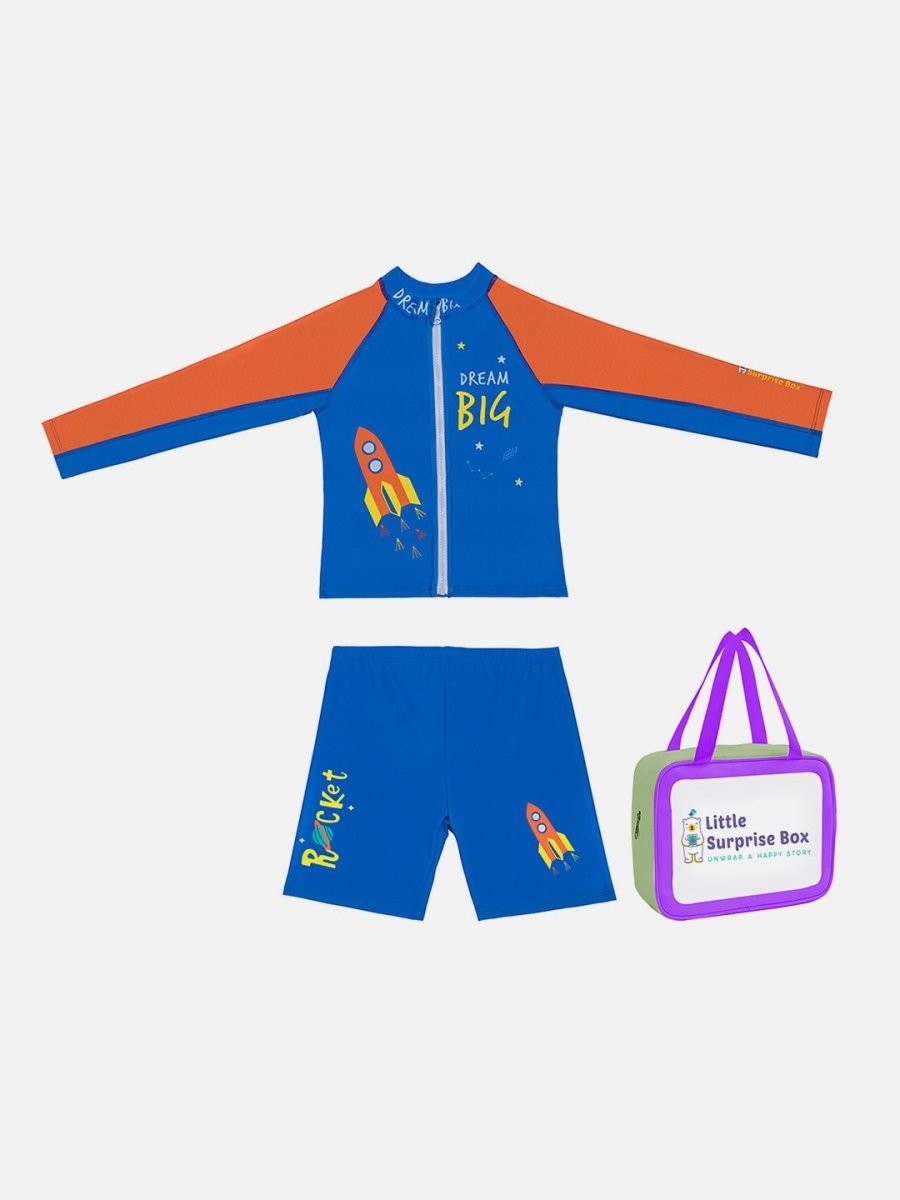 Little Surprise Box,2 pcs Shirt & Shorts set LSB Blue & Orange Space Swimwear Knee length for Kids with UPF 30+ - LSB-SW-2PLSBBLUORSPACE110KNE