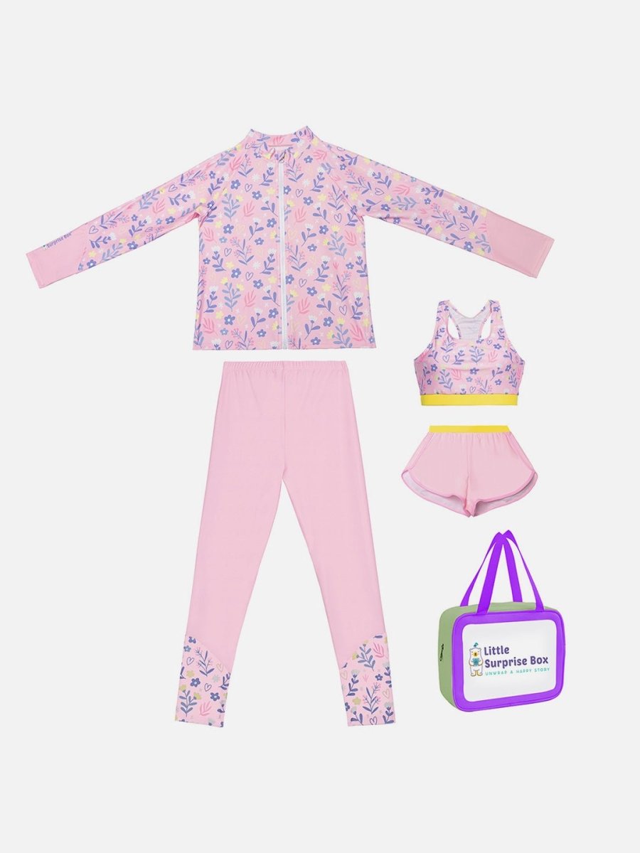Little Surprise Box,3pcs Pink Flower Power Matching Top, leggings & Jacket style Swimwear set for Pre Teens & Teens(140) - LSB-SW-3PCPNKFLWRPWR140
