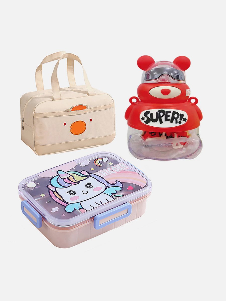 Lunch Box, Insulated Lunch Bag & Water Bottle, Combo Set of 3 for Kids - LSB-LBUNI-LBCRM-WBKLYRED-SML