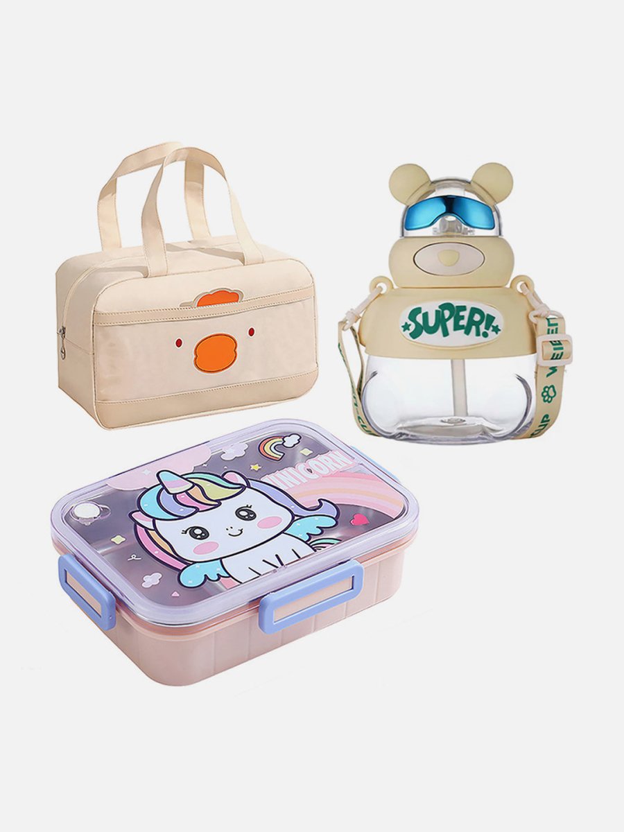 Lunch Box, Insulated Lunch Bag & Water Bottle, Combo Set of 3 for Kids - LSB-LBUNI-LBCRM-WBKLYYELW-BIG