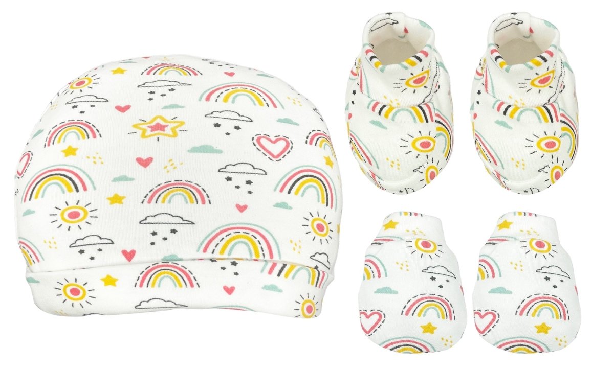 Mittens, Booties And Cap Set- Rainbow Land - MBC-AO-RNBLD