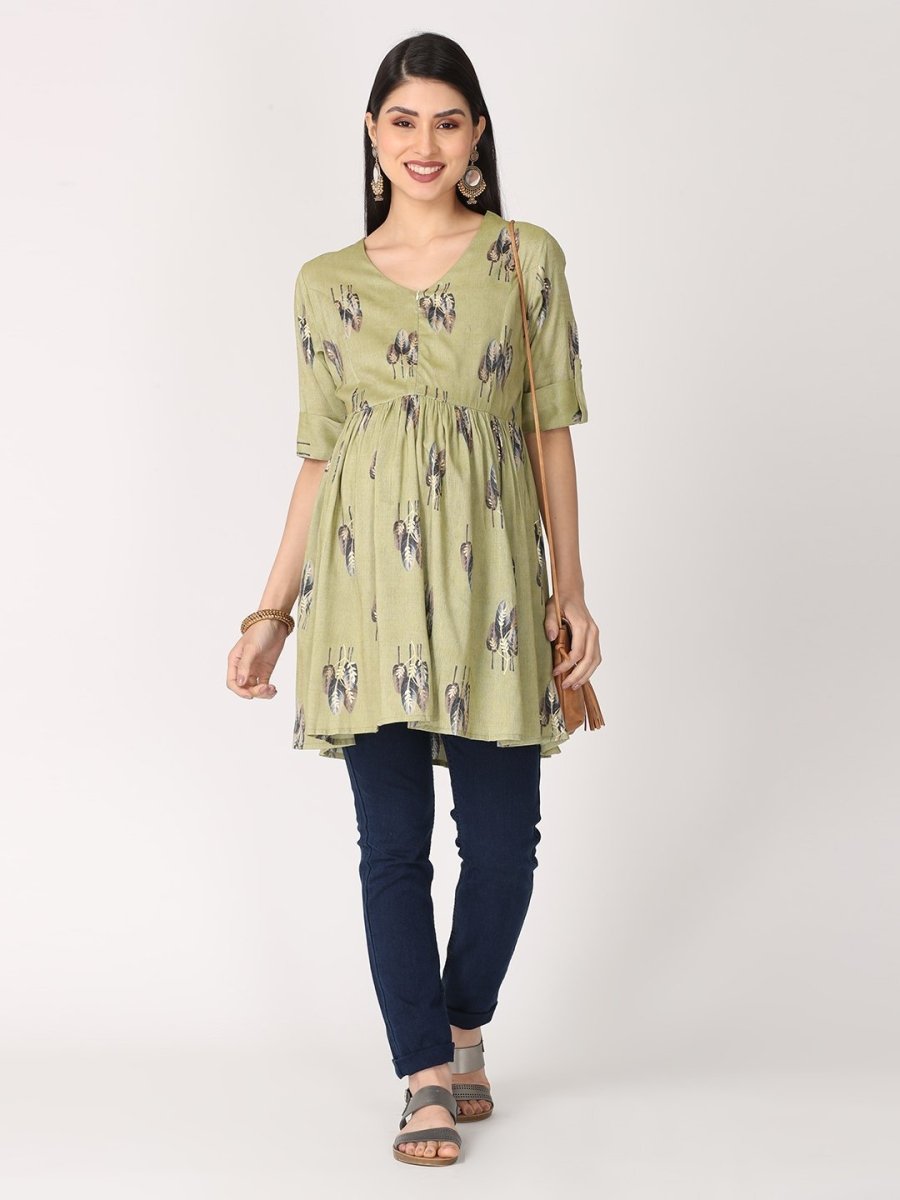 Olive and Gold Foil Print Maternity and Feeding Kurti - MEW-OVGLD-S