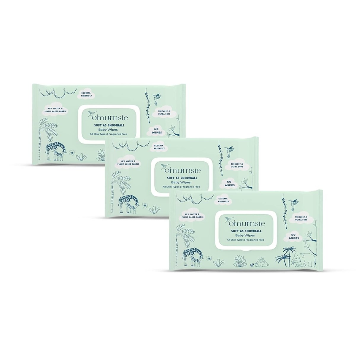 Omumsie 99% Pure Water (Unscented)Thickest Plant Based Baby Wipes Pack of 3 - OM21B