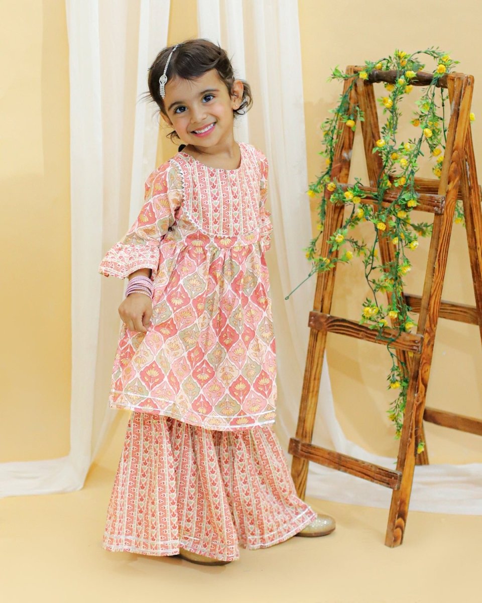 Pastel Peach And Green Floral Print Girls Anarkali Kurta Sharara Set - TWKD-SC-PSGF-0-6