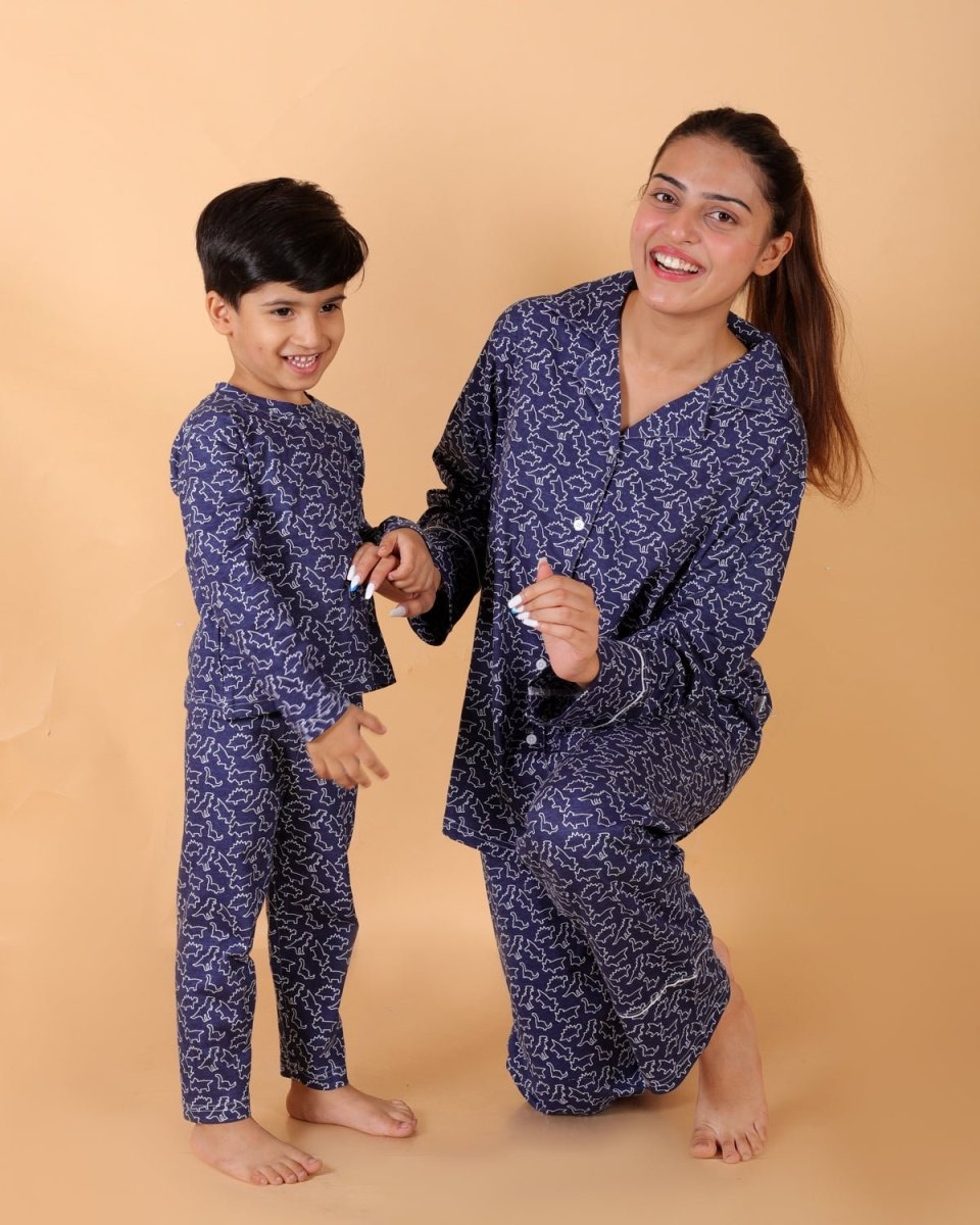 Set Of 3: Dinos Rule Matching Pajama Set For Mom And Baby - TWN3-DINRL