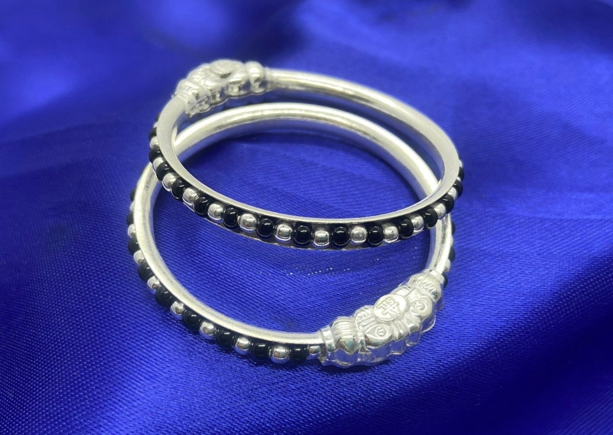 Pushker Badri Sarraf Silver and Black Beads Pure Silver Baby Bracelets/Kada- (Set of 2) - KADA-SBBD