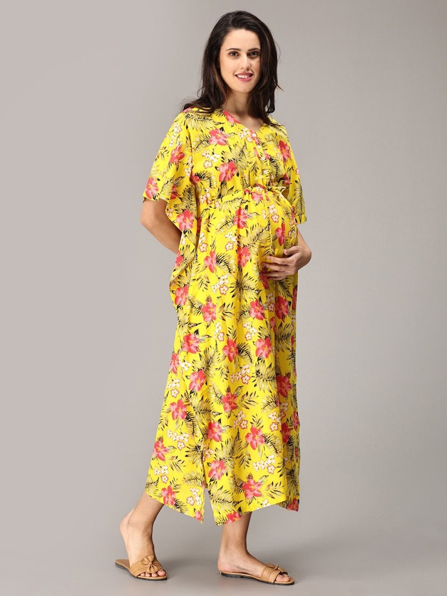 Soorajmukhee Floral Maternity and Nursing Kaftan Nighty - NW-SK-YLMNK-S