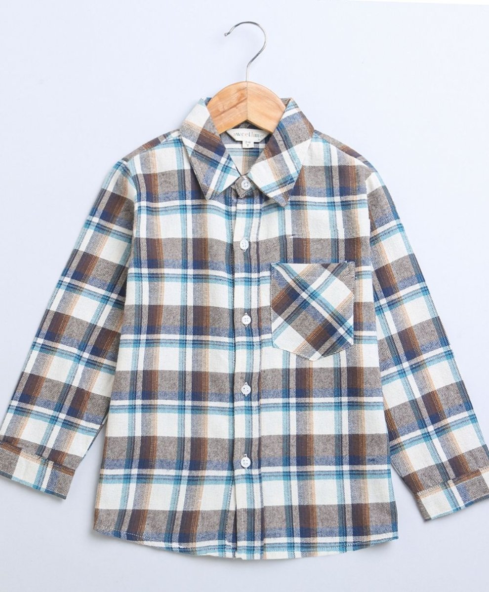 Sweetlime By AS Beige, Brown & Blue Checks Cotton Flannel Long Sleeves Boys Shirt - SLB-SHIRT-01046_3-6M