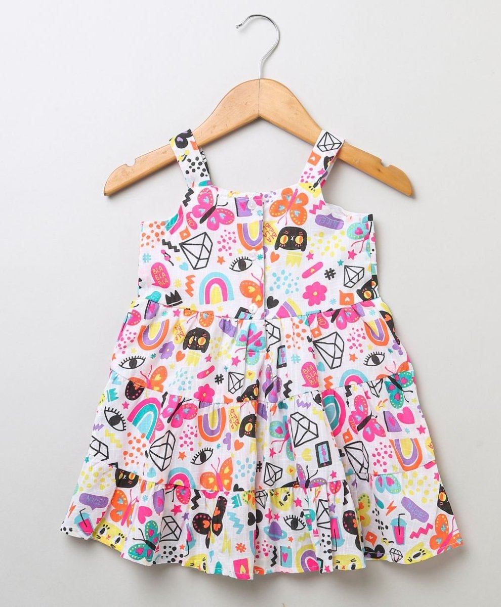 Sweetlime By AS Cat & Butterfly Printed Colourful Dress- White - SLG-SHORTS-00387_3-6M