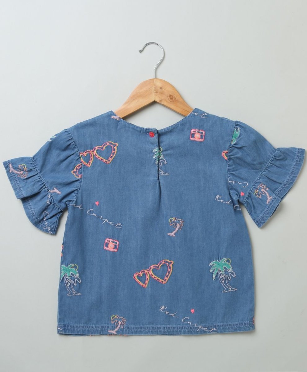 Sweetlime By AS Cotton Denim Blouse with Palm Tree and Neon Heart Embroidery. - SLG-BLS-00340_3-4Y