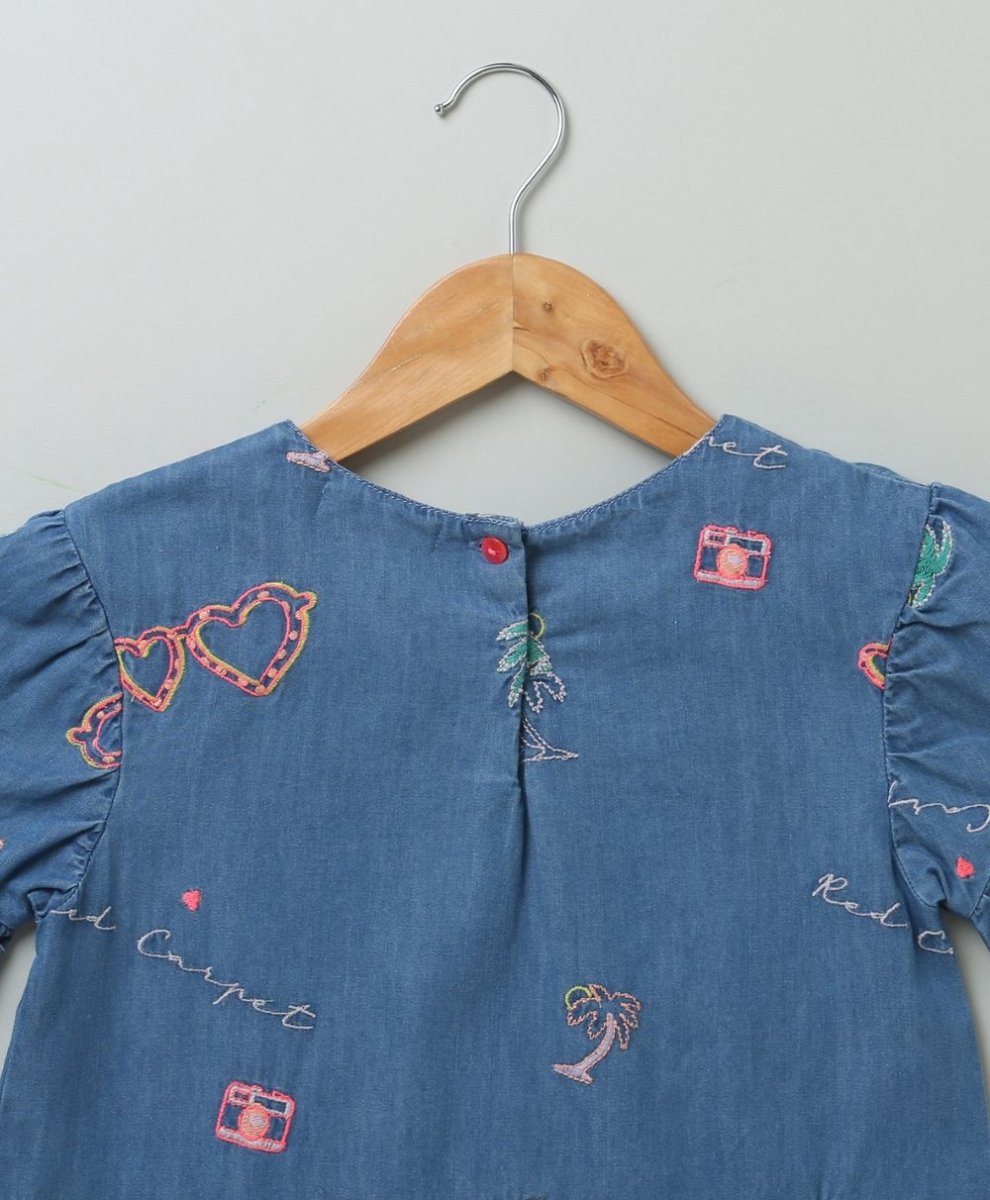 Sweetlime By AS Cotton Denim Blouse with Palm Tree and Neon Heart Embroidery. - SLG-BLS-00340_3-4Y