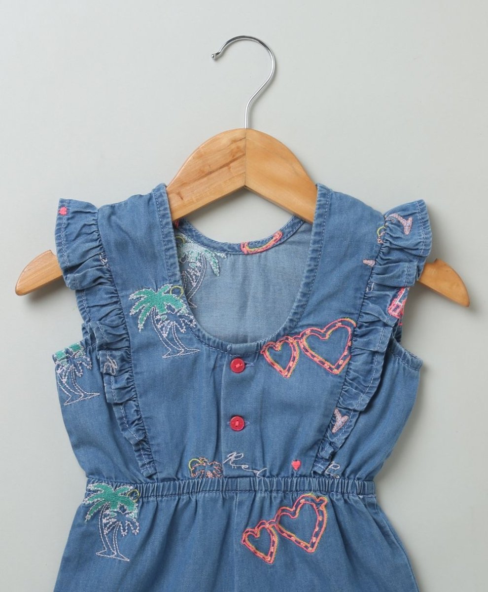 Sweetlime By AS Cotton Denim Playsuit with Palm Tree and Neon Heart Embroidery. - SLG-JPS-00339_3-6M