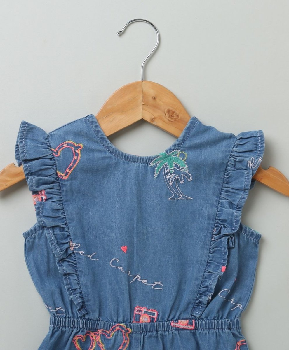 Sweetlime By AS Cotton Denim Playsuit with Palm Tree and Neon Heart Embroidery. - SLG-JPS-00339_3-6M