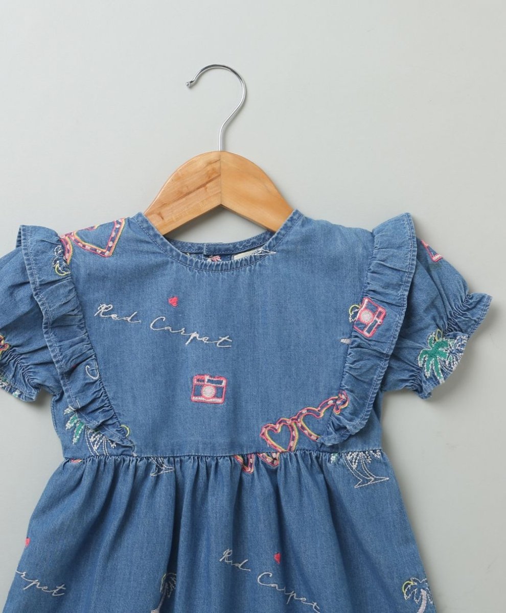 Sweetlime By AS Short Sleeves Denim Dress with Palm Tree and Neon Heart Embroidery - SLG-Dress-00338_3-6M