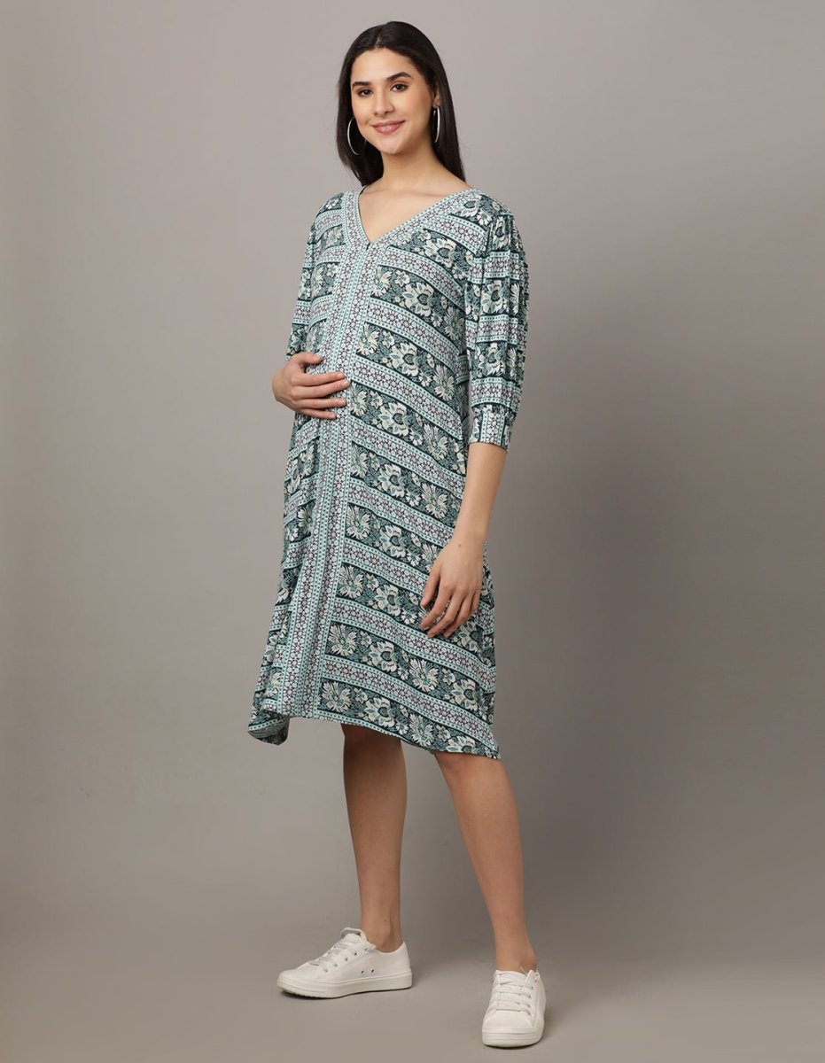 Teal Floral Printed Maternity and Nursing Dress - DRS-TEFL-S