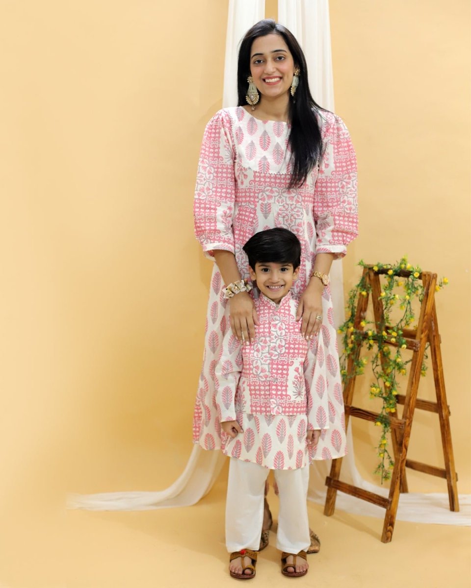Twinning Combo-Gulaal Floral Print Womens Anarkali Kurta Set With Boys Jacket Kurta Pajama Set - KES2-GLAFWB