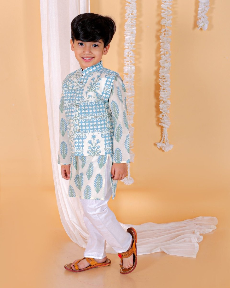 Twinning Combo-Neeldhara Floral Print And Girls Anarkali Kurta Set With Boys Jacket Kurta Pajama Set - TWN3-NLDWGB