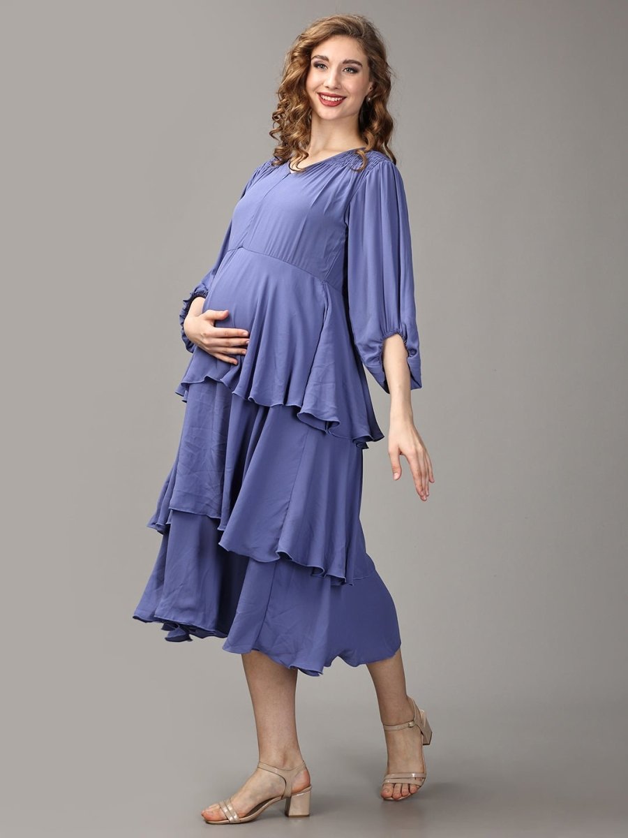 Visionary Blue Tiered Maternity and Nursing Dress - DRS-SD-BLTR-S